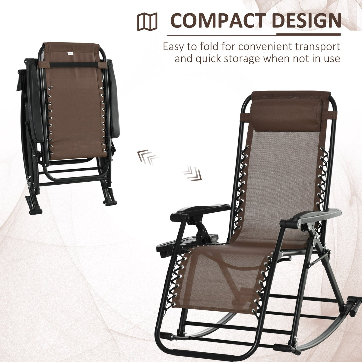 Foldable Reclining Zero Gravity Lounge Rockers w/ Pillow, Cup Holder, Brown