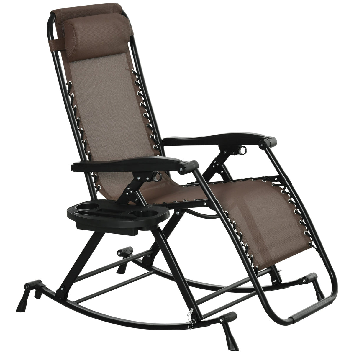 Foldable Reclining Zero Gravity Lounge Rockers w/ Pillow, Cup Holder, Brown