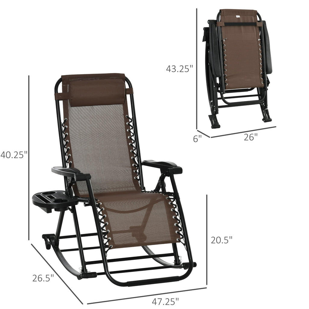 Foldable Reclining Zero Gravity Lounge Rockers w/ Pillow, Cup Holder, Brown