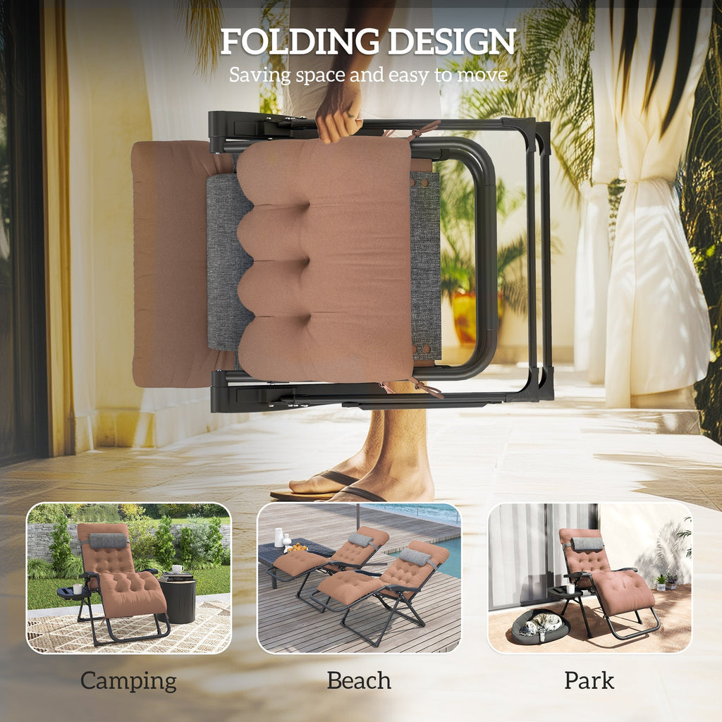 Padded Folding Recliner Chair with Cupholder, Adjustable Backrest & Cushion, Khaki