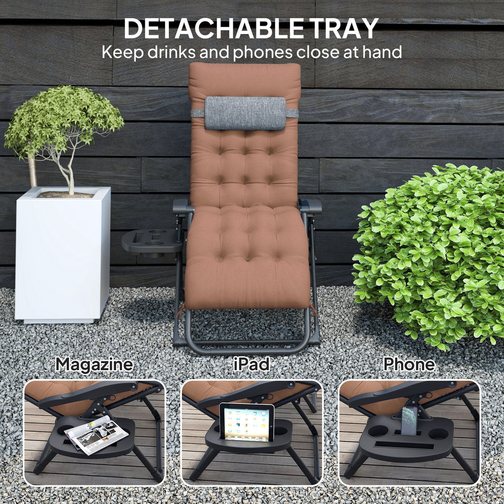 Padded Folding Recliner Chair with Cupholder, Adjustable Backrest & Cushion, Khaki