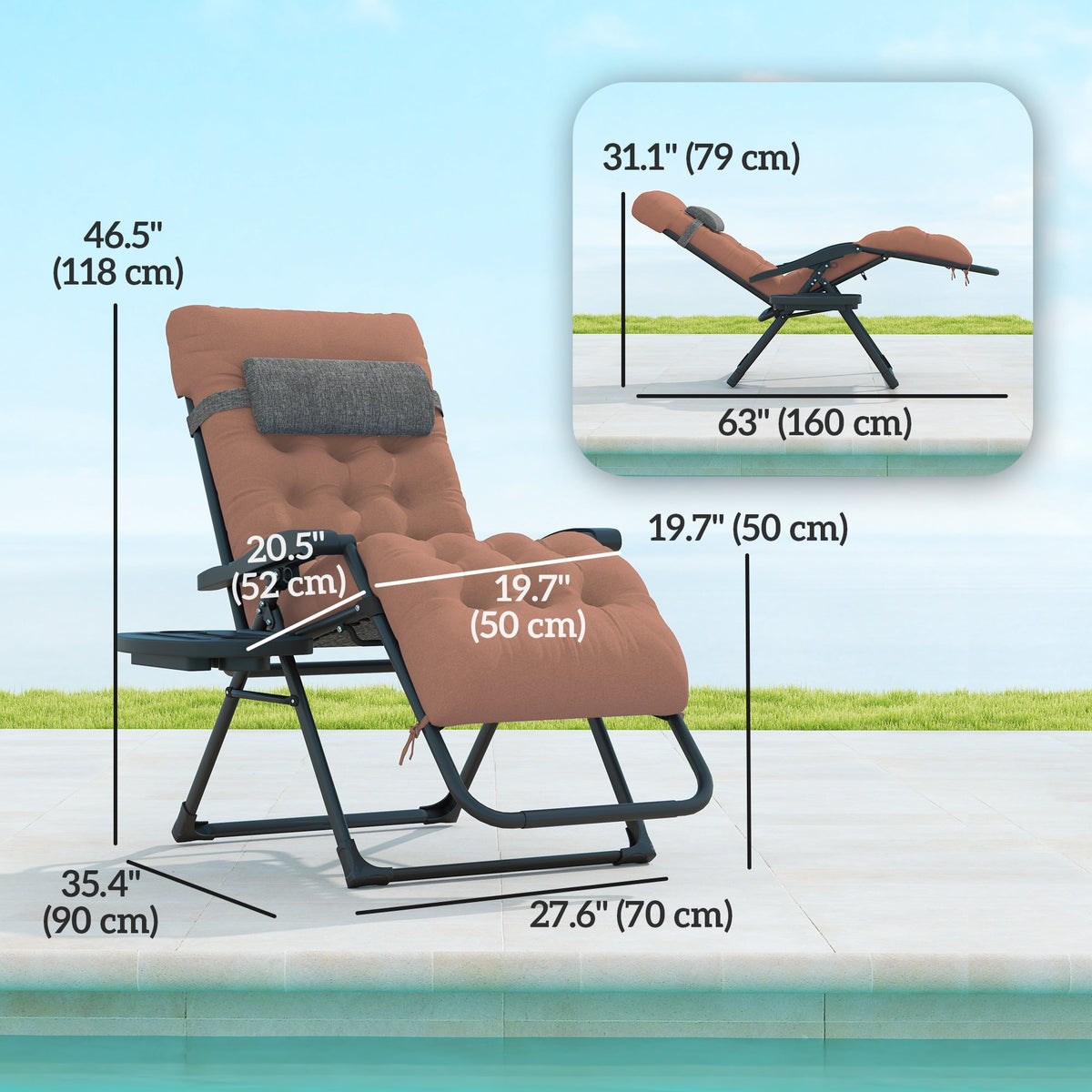 Padded Folding Recliner Chair with Cupholder, Adjustable Backrest & Cushion, Khaki