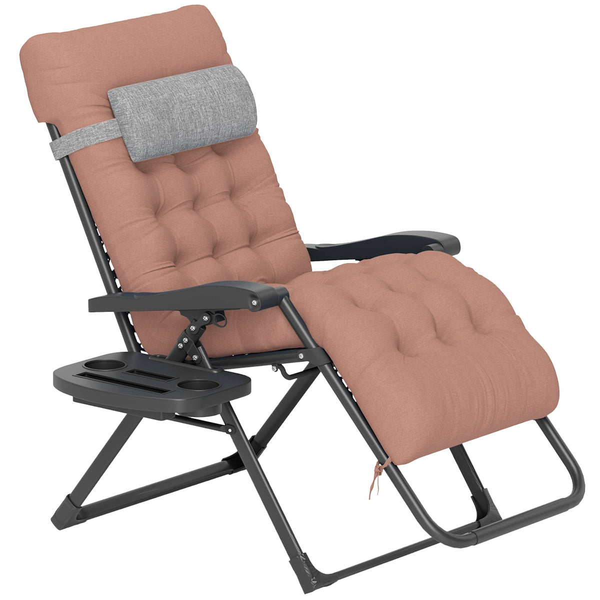 Padded Folding Recliner Chair with Cupholder, Adjustable Backrest & Cushion, Khaki
