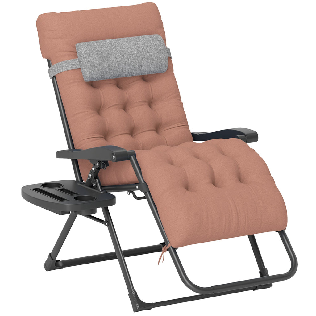 Padded Folding Recliner Chair with Cupholder, Adjustable Backrest & Cushion, Khaki