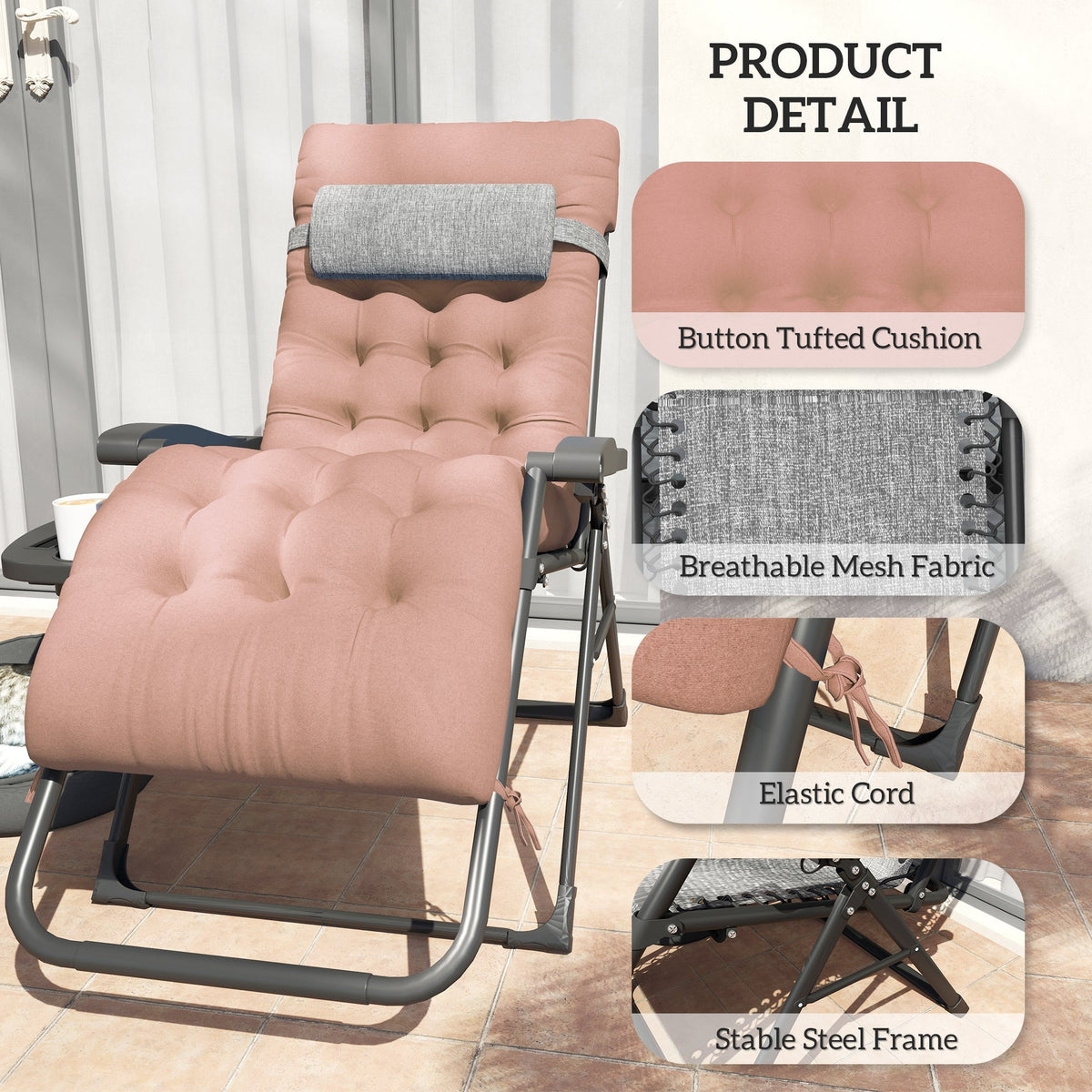 Padded Folding Recliner Chair with Cupholder, Adjustable Backrest & Cushion, Khaki