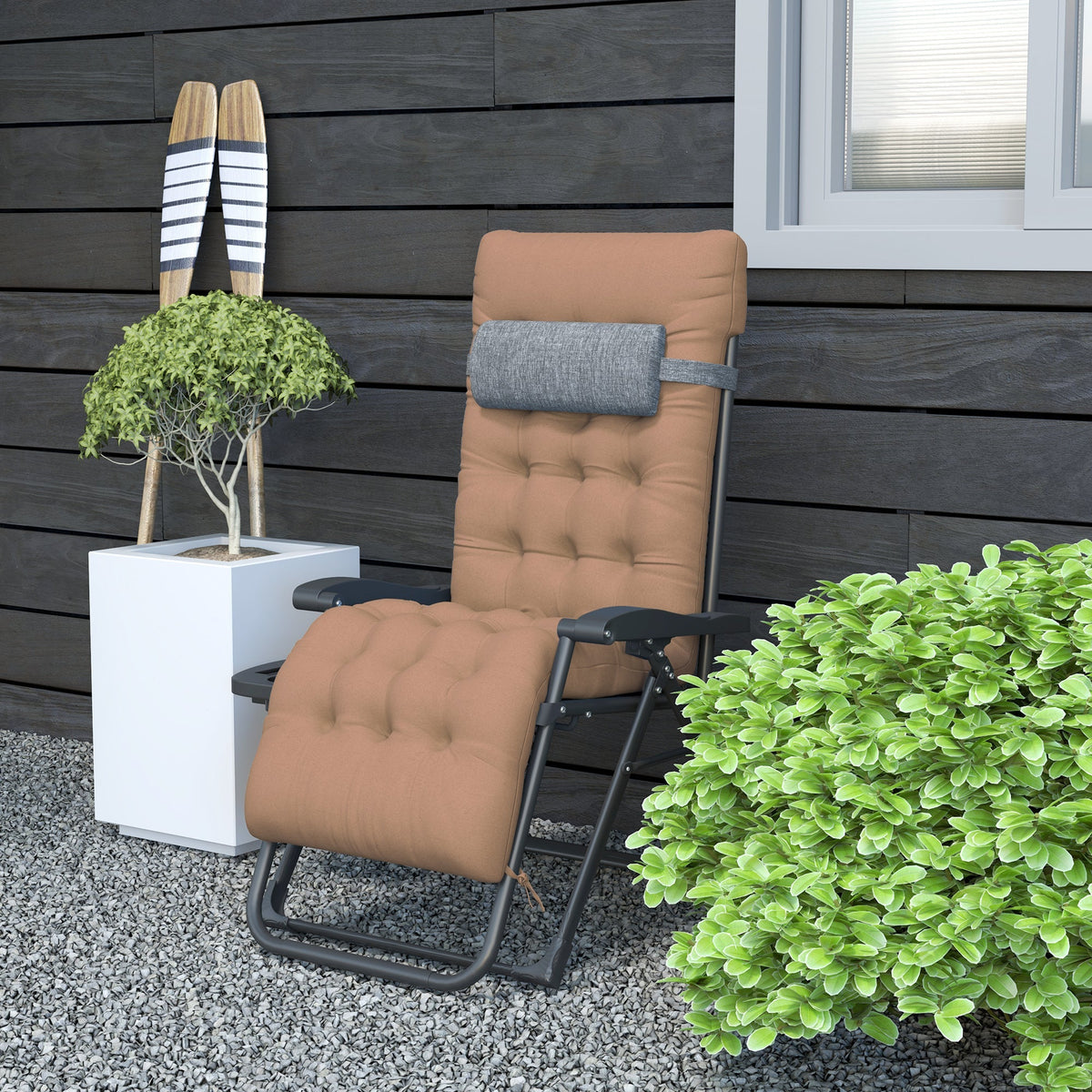 Padded Folding Recliner Chair with Cupholder, Adjustable Backrest & Cushion, Khaki