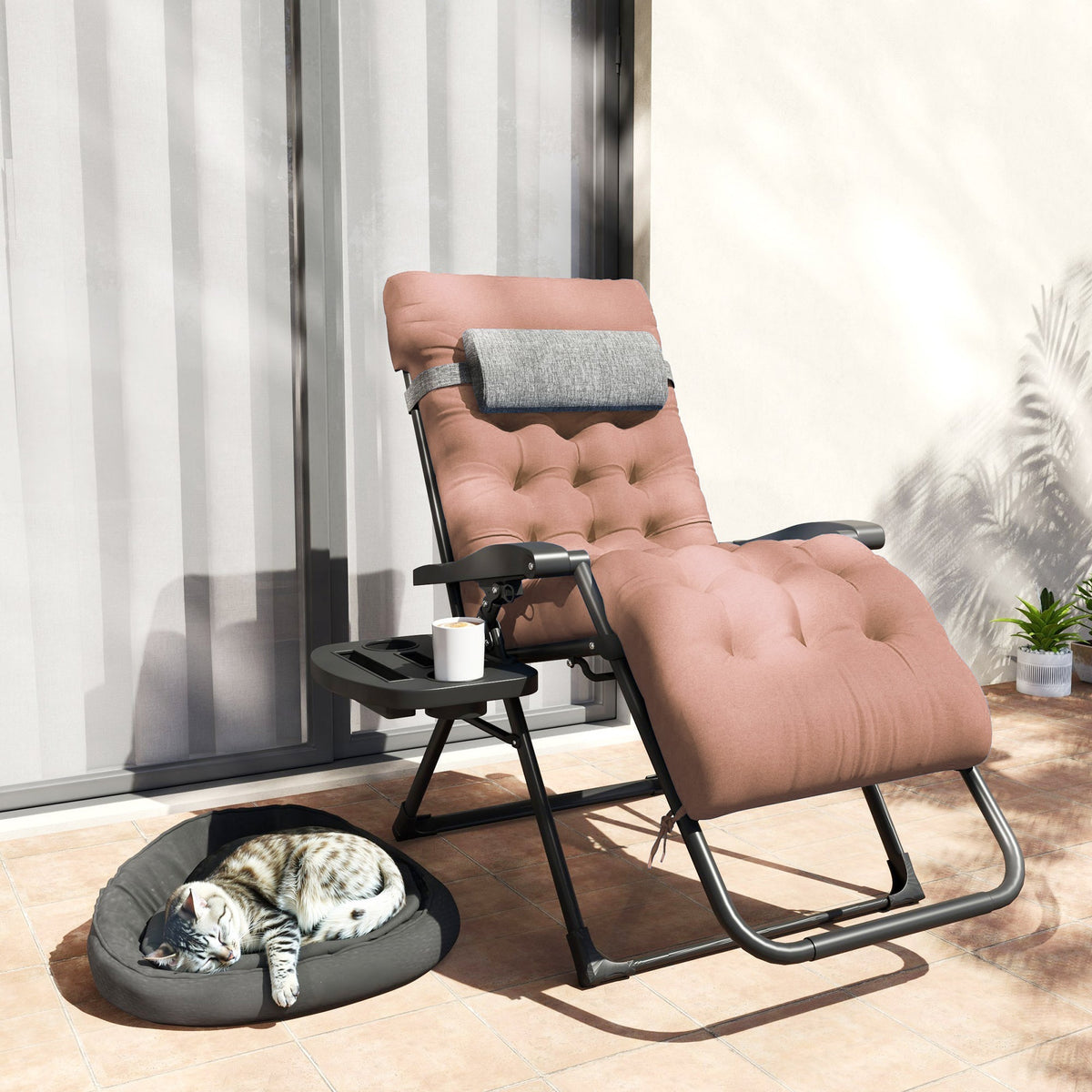 Padded Folding Recliner Chair with Cupholder, Adjustable Backrest & Cushion, Khaki