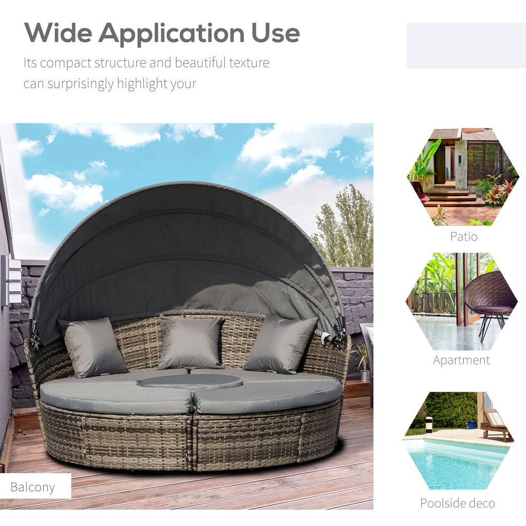 4-piece Round Outdoor Daybed with Retractable Canopy, PE Rattan Wicker Chair, Grey