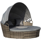 4-piece Round Outdoor Daybed with Retractable Canopy, PE Rattan Wicker Chair, Grey