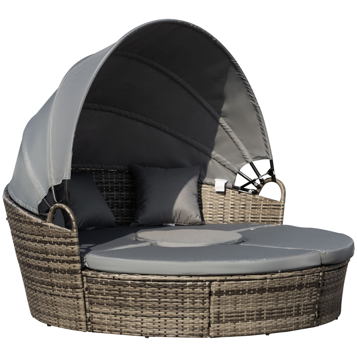 4-piece Round Outdoor Daybed with Retractable Canopy, PE Rattan Wicker Chair, Grey