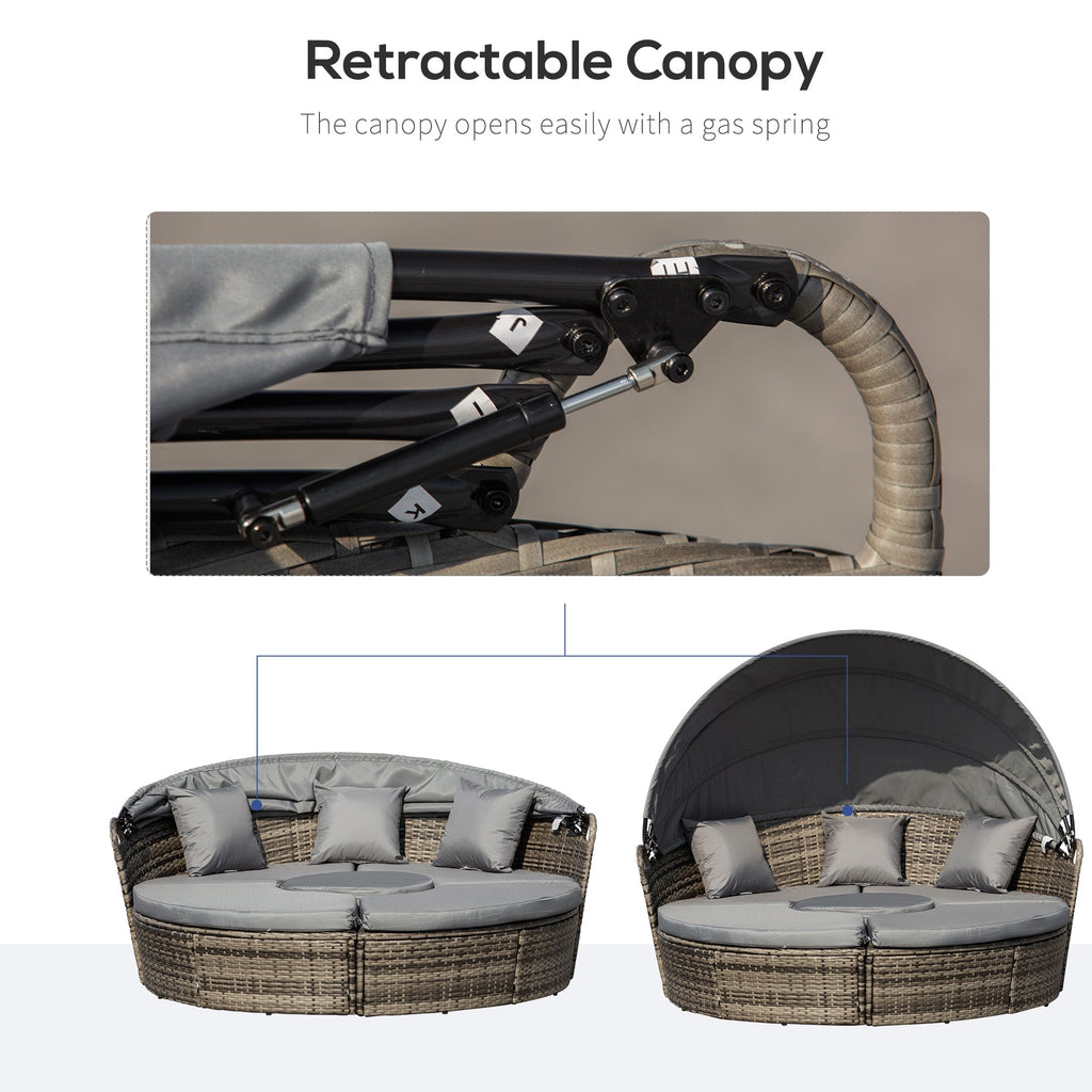 4-piece Round Outdoor Daybed with Retractable Canopy, PE Rattan Wicker Chair, Grey