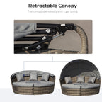 4-piece Round Outdoor Daybed with Retractable Canopy, PE Rattan Wicker Chair, Grey