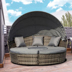 4-piece Round Outdoor Daybed with Retractable Canopy, PE Rattan Wicker Chair, Grey