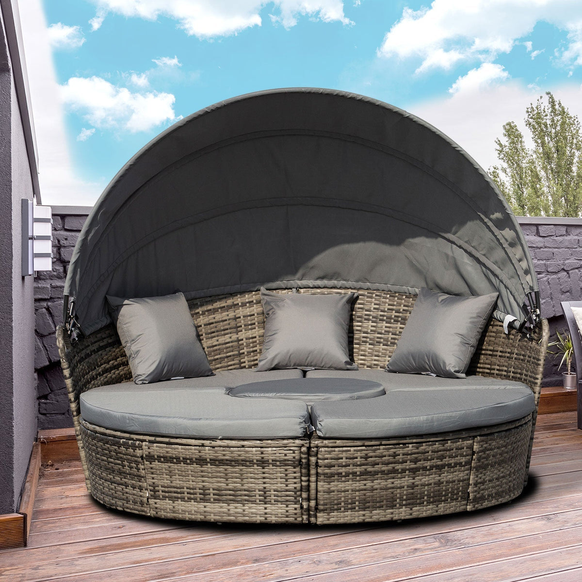 4-piece Round Outdoor Daybed with Retractable Canopy, PE Rattan Wicker Chair, Grey