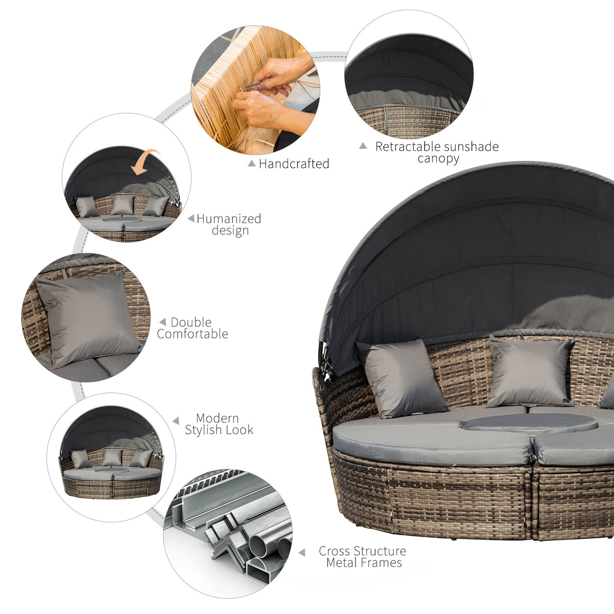 4-piece Round Outdoor Daybed with Retractable Canopy, PE Rattan Wicker Chair, Grey