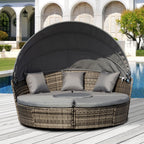 4-piece Round Outdoor Daybed with Retractable Canopy, PE Rattan Wicker Chair, Grey