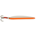 Bay de Noc Laker Taker fishing lure featuring a slim, elongated metal body with a silver upper side and bright orange bottom edge, equipped with a sharp treble hook for effective fishing tackle.