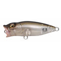 Megabass Baby Popx BFS fishing lure in translucent gray and smoke colors with a popper mouth design, detailed body texture, and multiple attachment rings for versatile use.