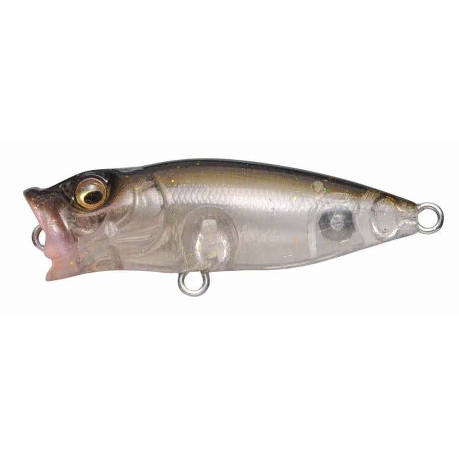 Megabass Baby Popx BFS fishing lure in translucent gray and smoke colors with a popper mouth design, detailed body texture, and multiple attachment rings for versatile use.