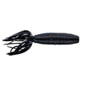 Yamamoto Fat Ika fishing lure in black with blue speckles featuring a ribbed cylindrical body and multiple flexible skirt-like appendages for lifelike movement in water.
