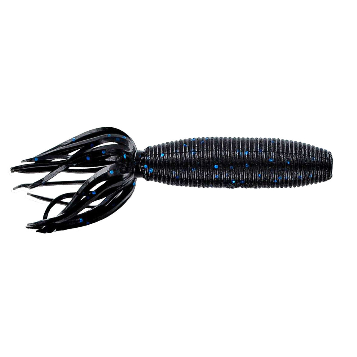Yamamoto Fat Ika fishing lure in black with blue speckles featuring a ribbed cylindrical body and multiple flexible skirt-like appendages for lifelike movement in water.