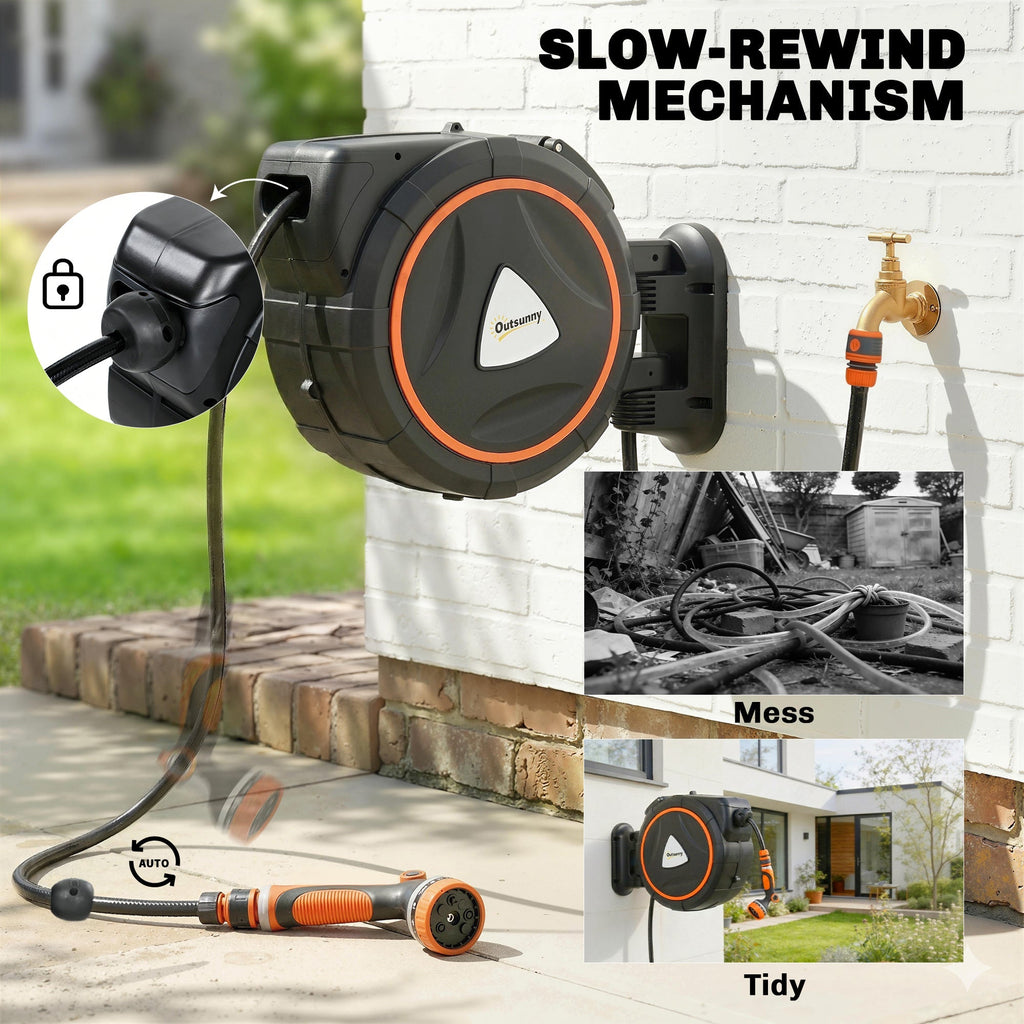 28+2m Retractable Wall-Mount Hose Reel with Auto Retraction & 180° Swivel, Orange