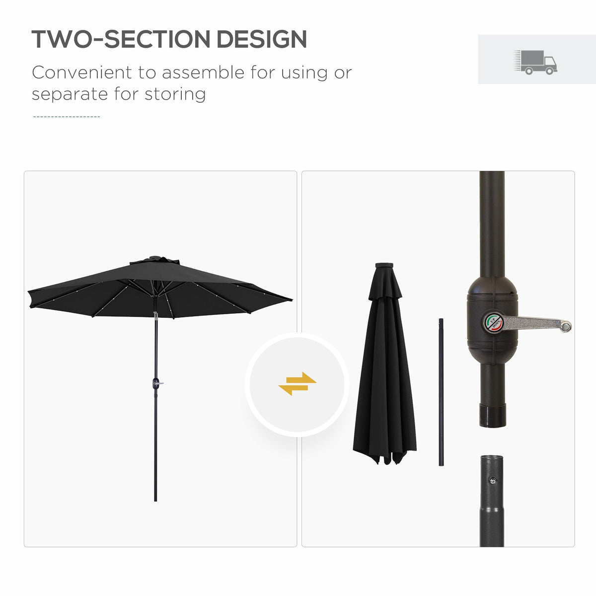 9ft Solar Patio Umbrella Outdoor Sunshade 24 LED Lights Tilt Canopy, Black