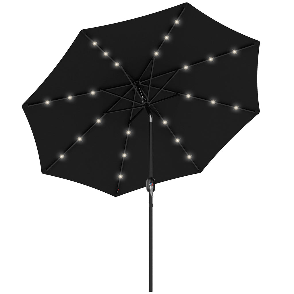 9ft Solar Patio Umbrella Outdoor Sunshade 24 LED Lights Tilt Canopy, Black