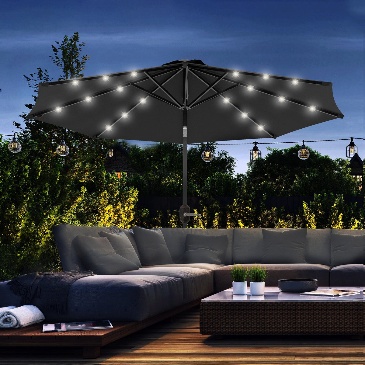 9ft Solar Patio Umbrella Outdoor Sunshade 24 LED Lights Tilt Canopy, Black