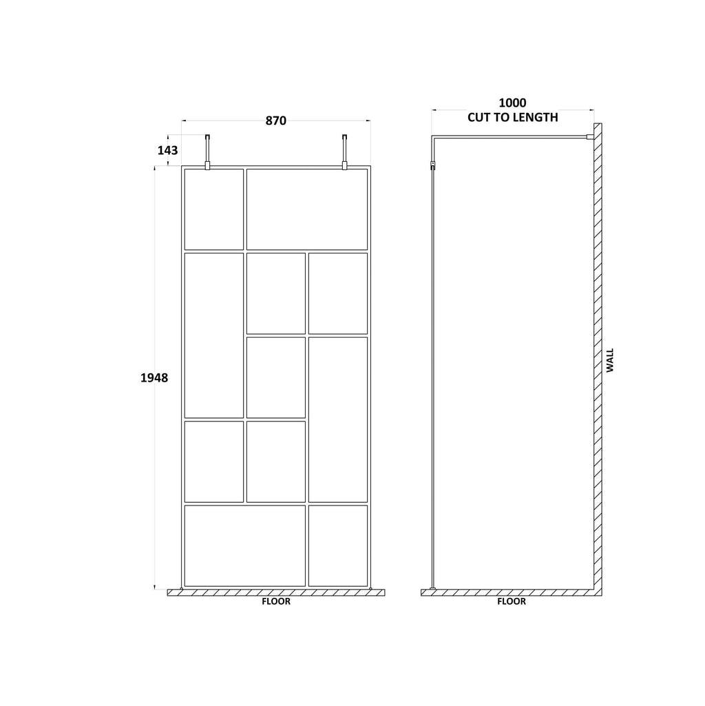 Aspect 8mm Glass Abstract Frame Wetroom Panel - Matt Black