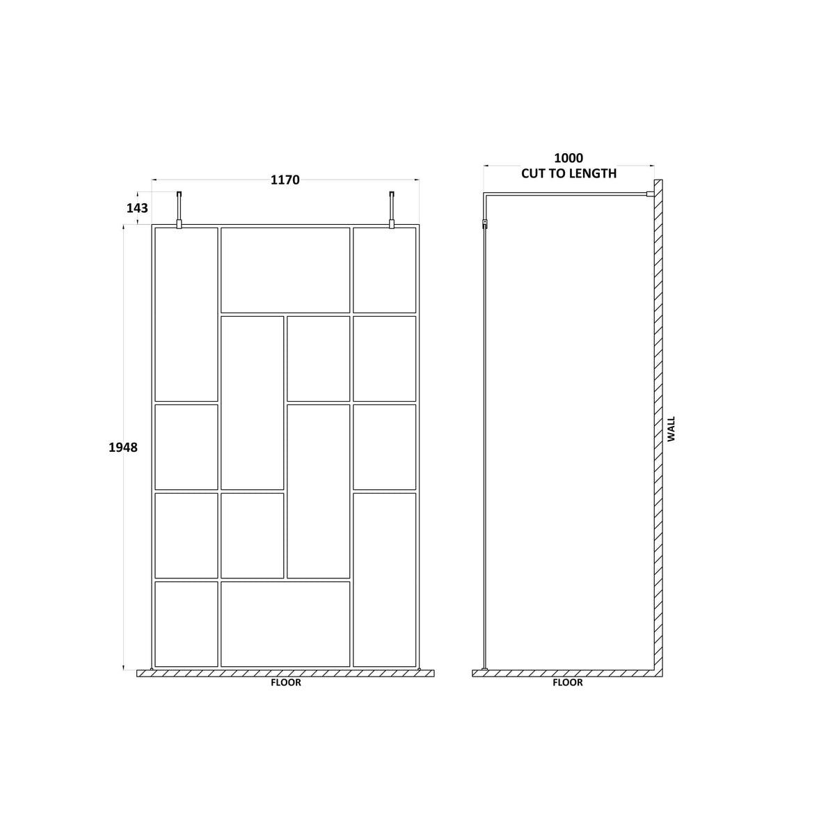 Aspect 8mm Glass Abstract Frame Wetroom Panel - Matt Black