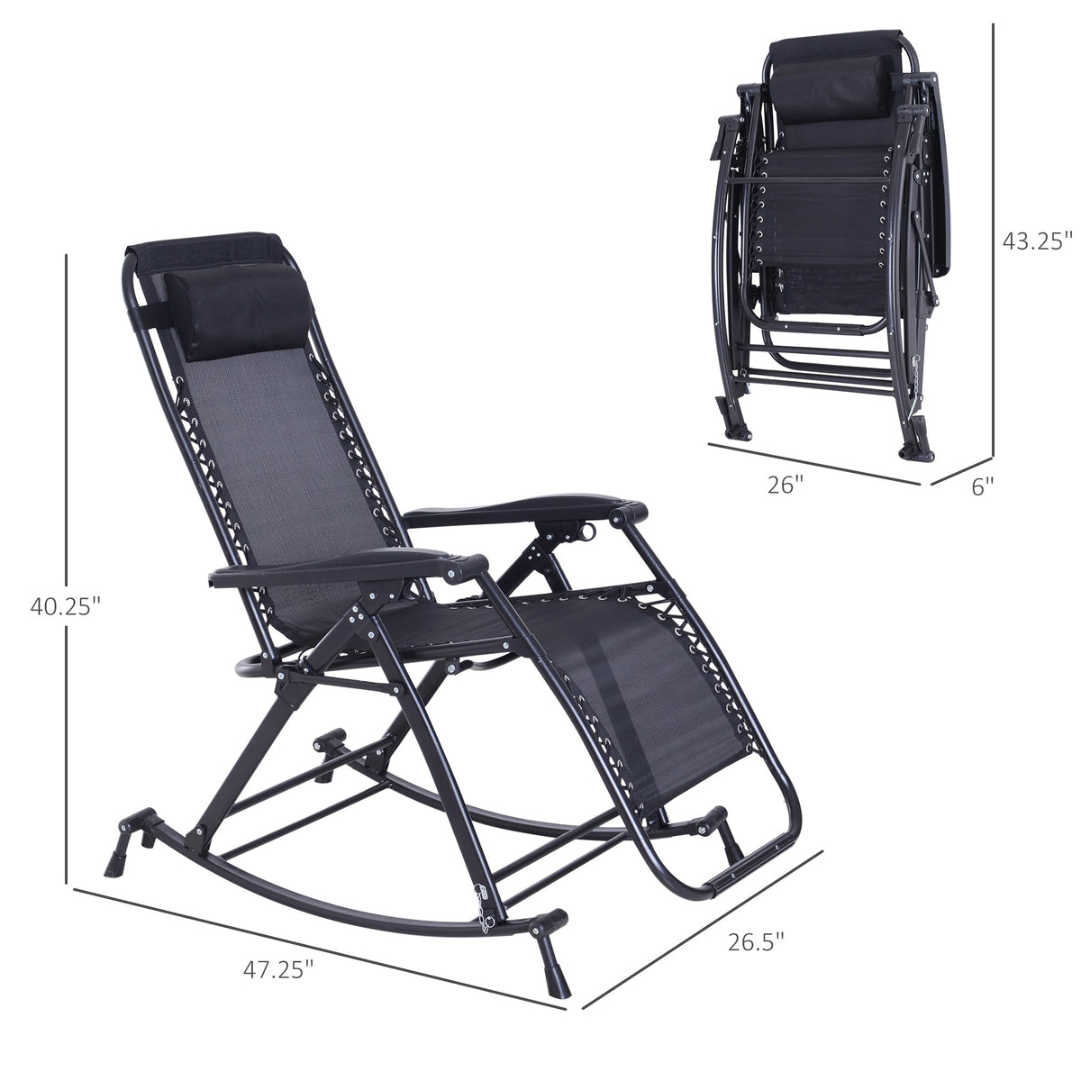 Foldable Reclining Zero Gravity Rocker, Pillow, Cup & Phone Holder, Black