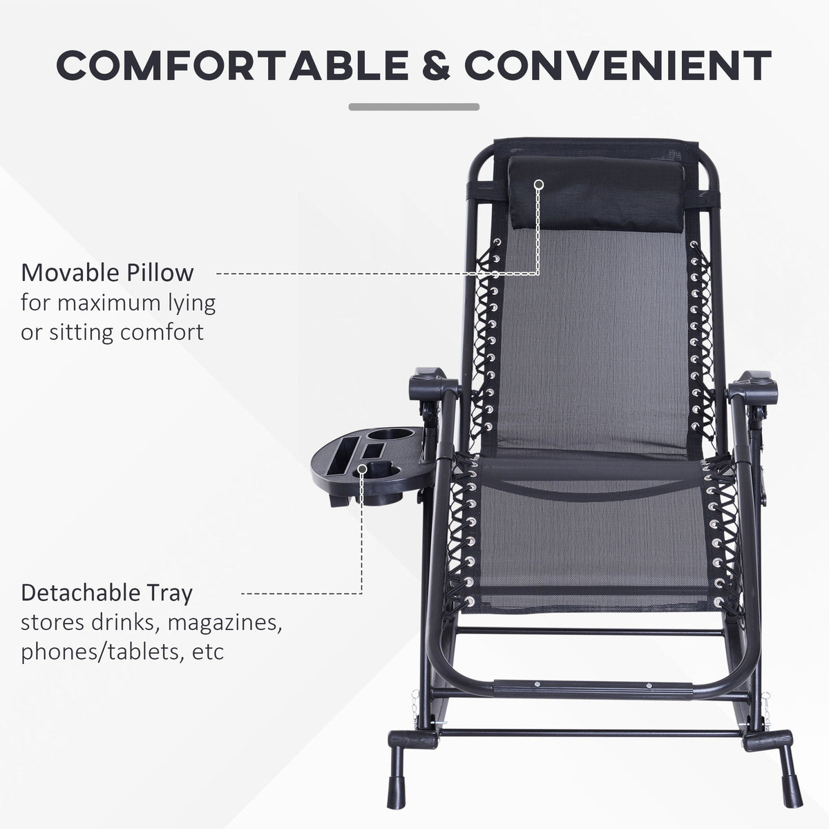 Foldable Reclining Zero Gravity Rocker, Pillow, Cup & Phone Holder, Black