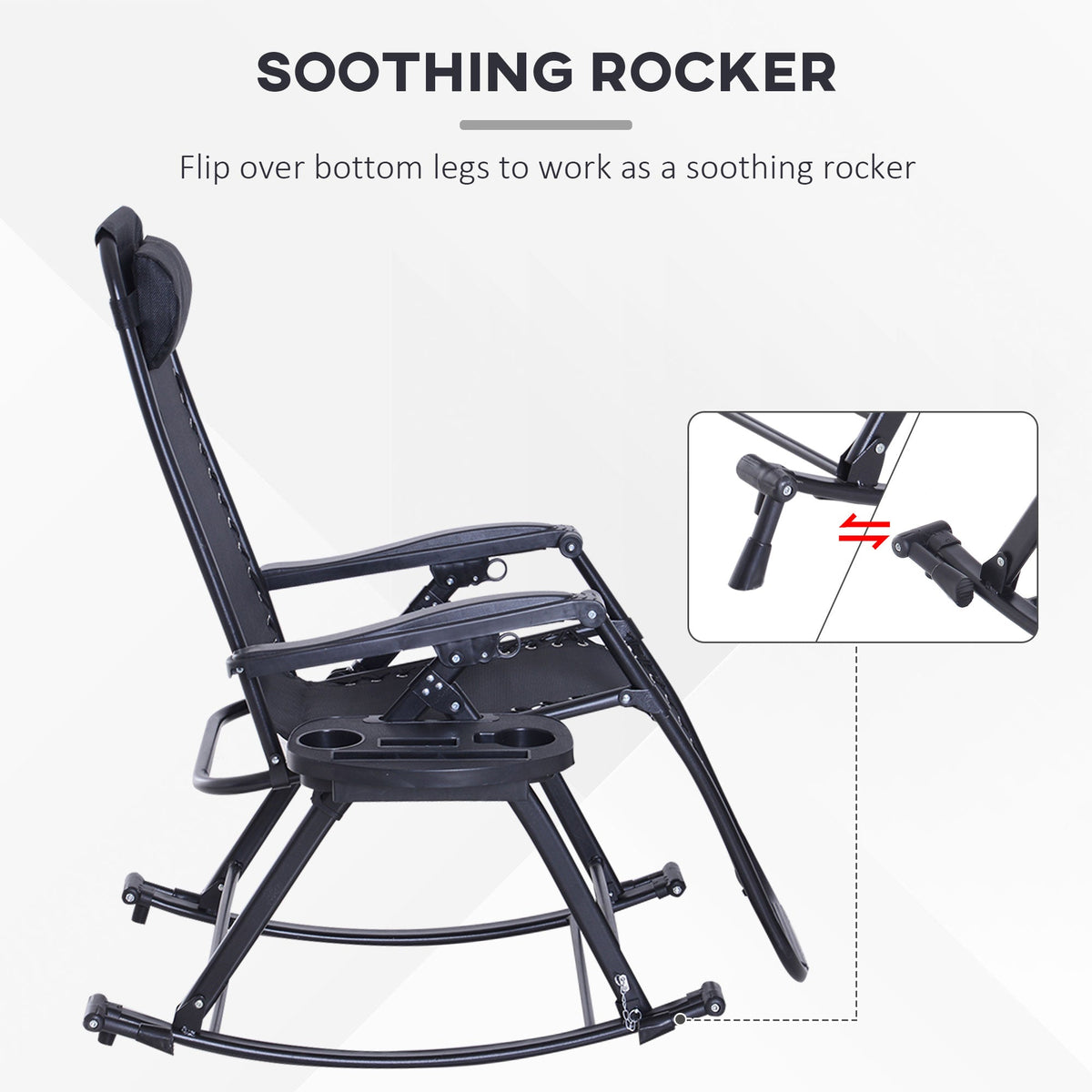 Foldable Reclining Zero Gravity Rocker, Pillow, Cup & Phone Holder, Black