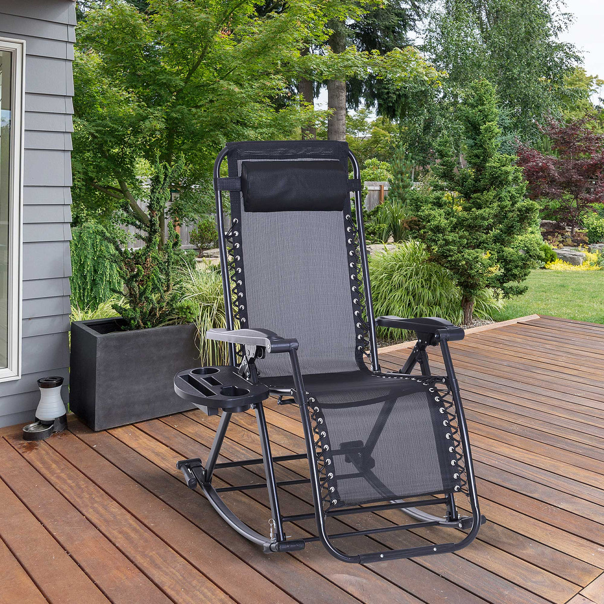 Foldable Reclining Zero Gravity Rocker, Pillow, Cup & Phone Holder, Black