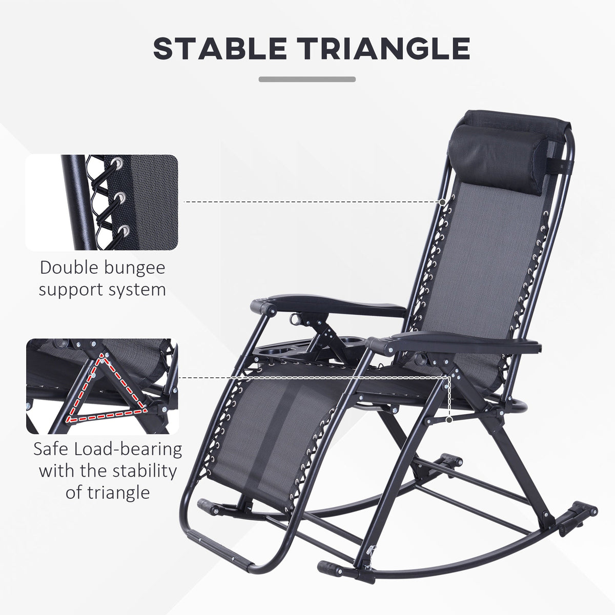 Foldable Reclining Zero Gravity Rocker, Pillow, Cup & Phone Holder, Black