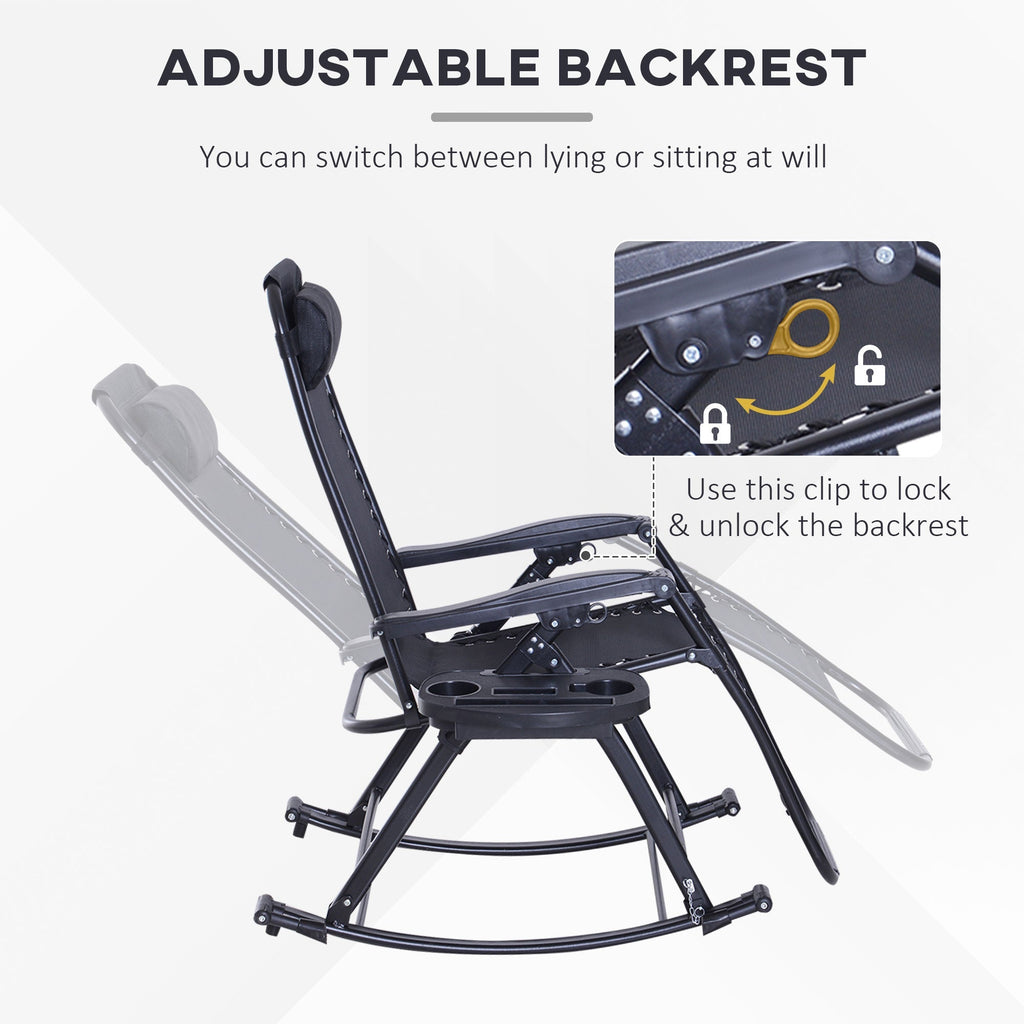 Foldable Reclining Zero Gravity Rocker, Pillow, Cup & Phone Holder, Black