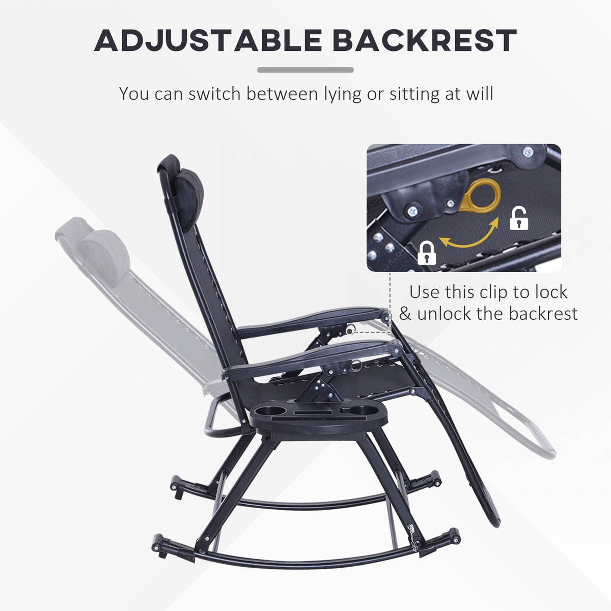 Foldable Reclining Zero Gravity Rocker, Pillow, Cup & Phone Holder, Black