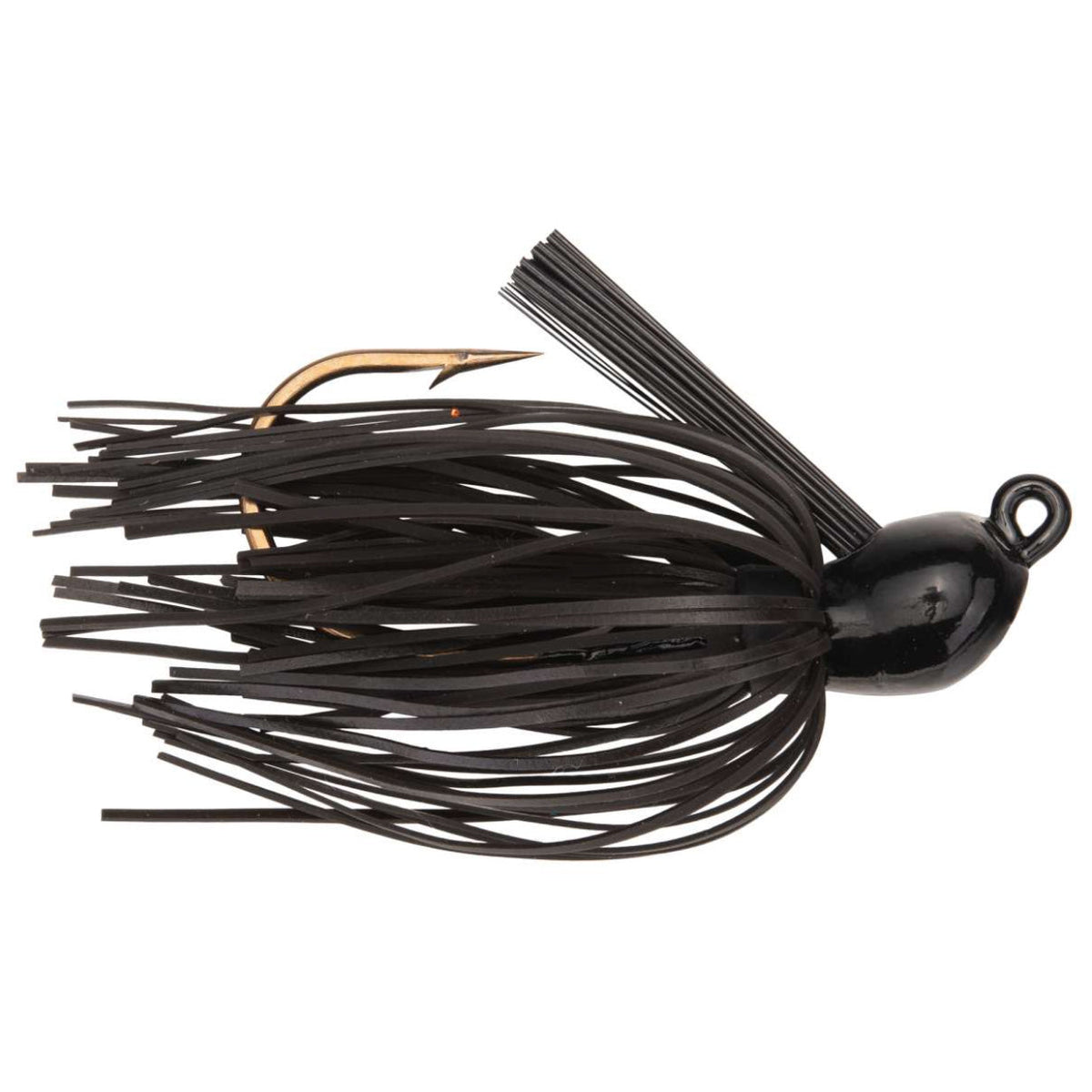 Strike King Bitsy Flip Jig fishing lure with black skirt and gold hook designed for effective fishing tackle performance.