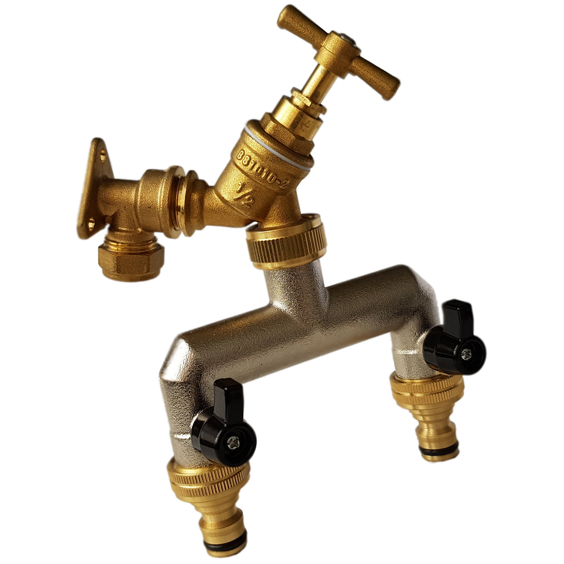 15mm Brass Wall Flange Kit with Brass Tap + Quick Connect Metal Splitter