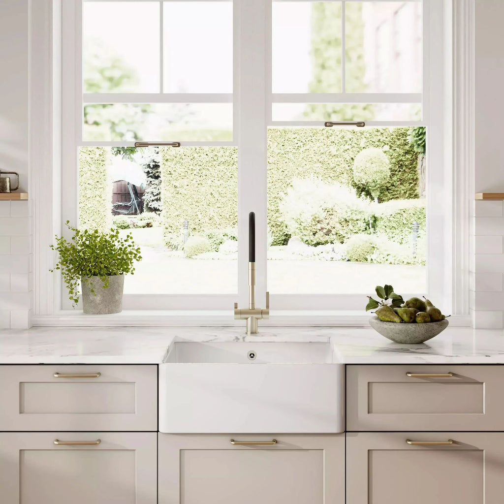 Inspire Single Bowl Butler Sink With Offset Waste And Overflow - White