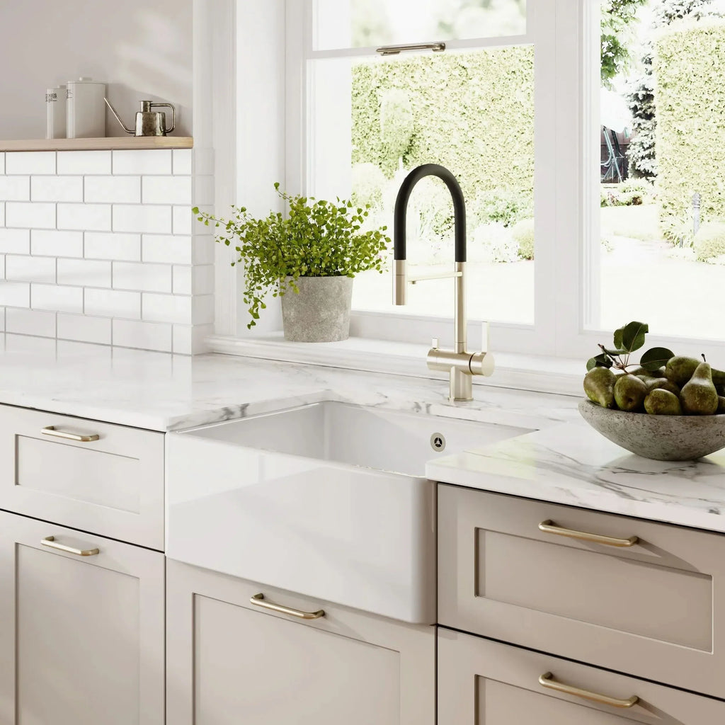 Inspire Single Bowl Butler Sink With Offset Waste And Overflow - White