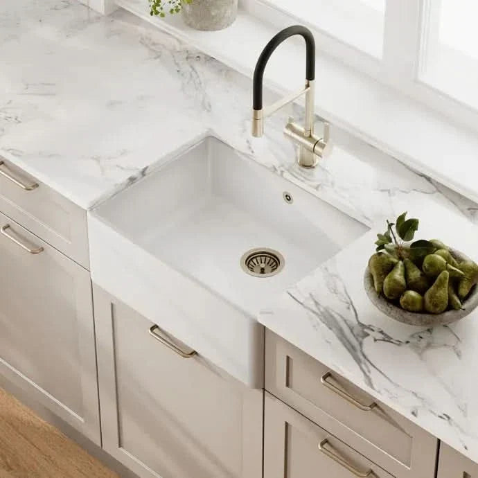 Inspire Single Bowl Butler Sink With Offset Waste And Overflow - White