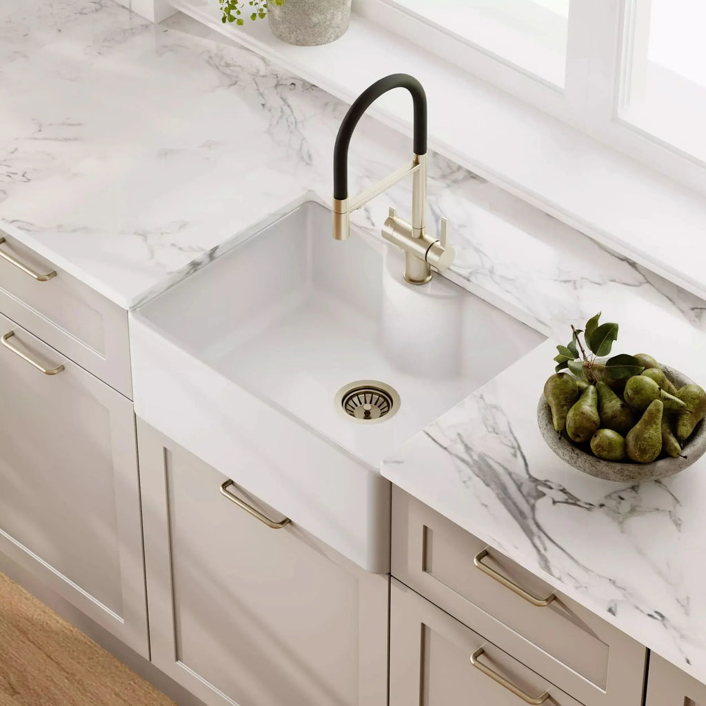 Inspire Single Bowl Butler Sink With Offset Waste And Tap Ledge - White