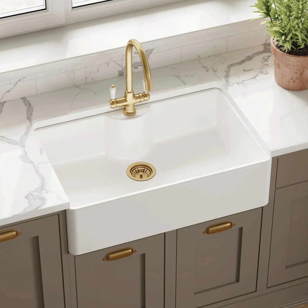 Inspire Single Bowl Butler Sink With Offset Waste And Tap Ledge - White