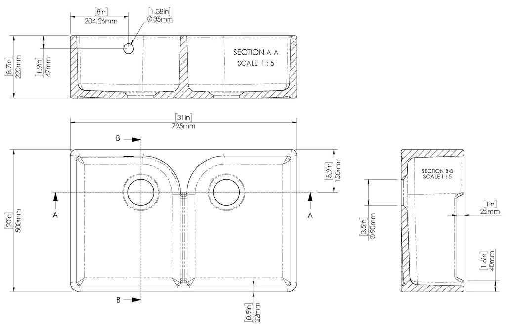 Inspire Double Bowl Butler Sink With Stepped Weir And Overflow - White