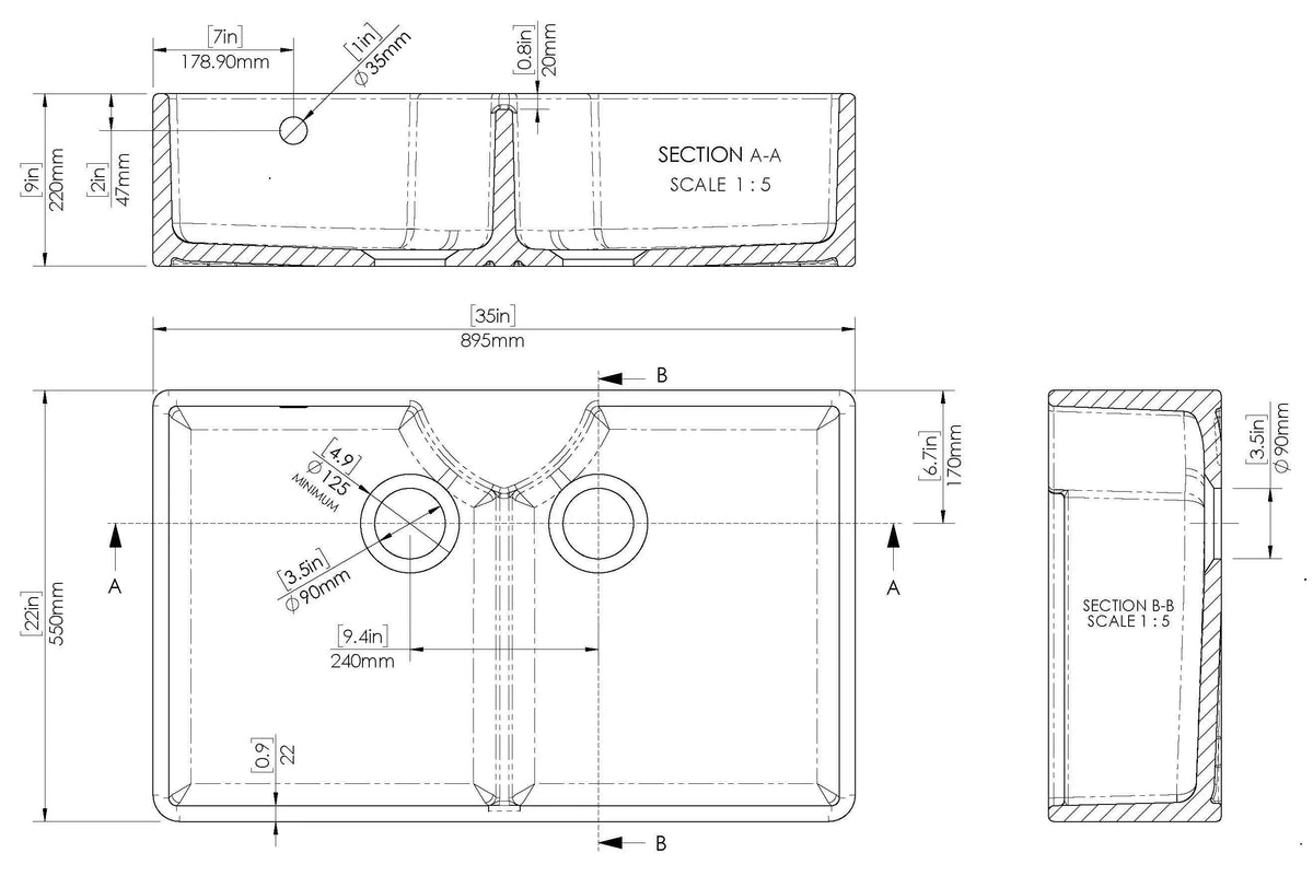 Inspire Double Bowl Butler Sink With Stepped Weir And Overflow - White