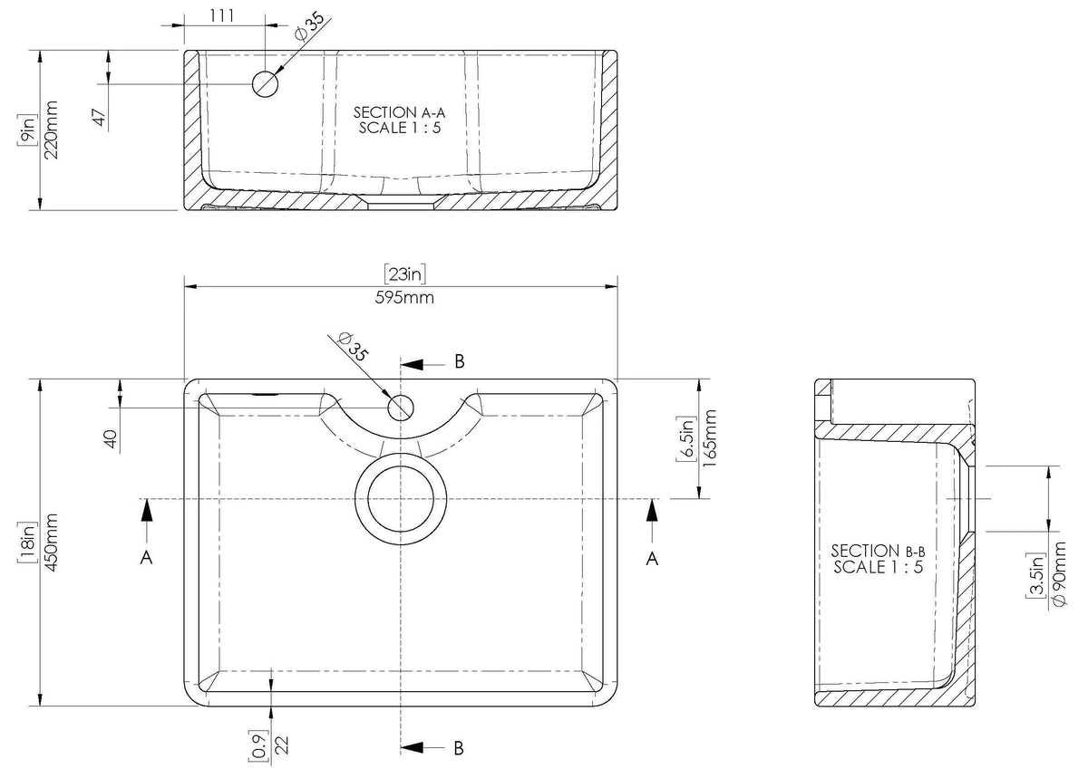 Inspire 595mm Single Bowl Butler Sink With Offset Waste And Overflow - 1 Tap Hole - White