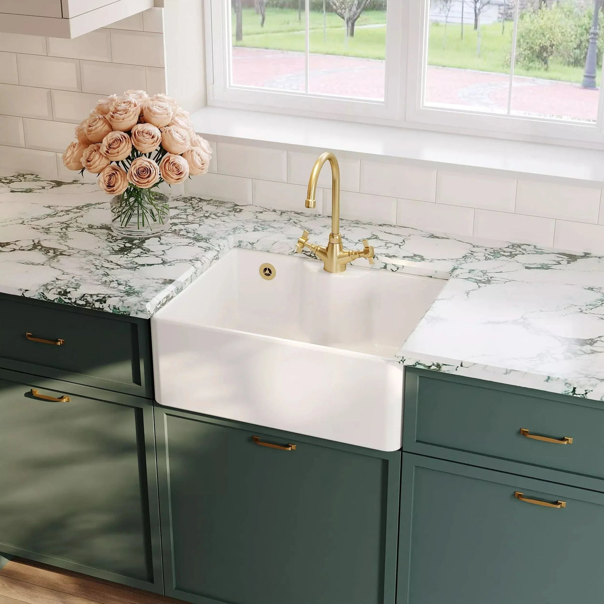 Inspire 595mm Single Bowl Butler Sink With Offset Waste And Overflow - 1 Tap Hole - White