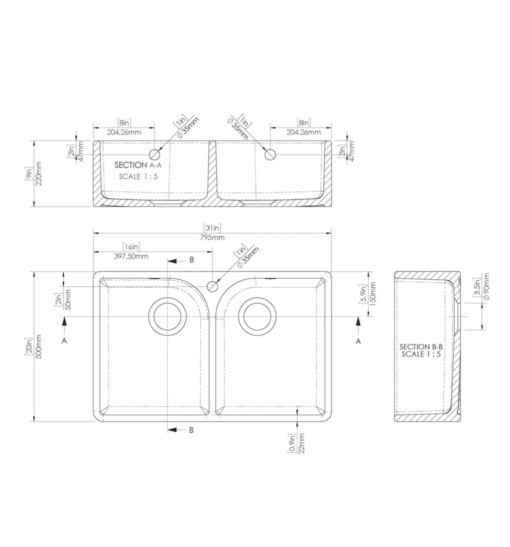 Inspire 795mm Double Bowl Butler Sink With Full Weir And Overflow - 1 Tap Hole - White